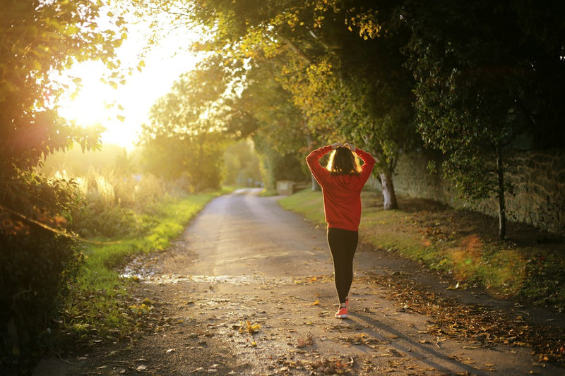 A person on an outdoor walking route in the morning light