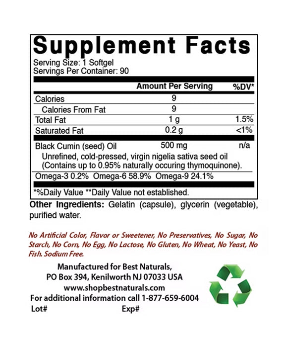 Best Naturals | Black Seed Oil (500 mg) – 90 Softgels