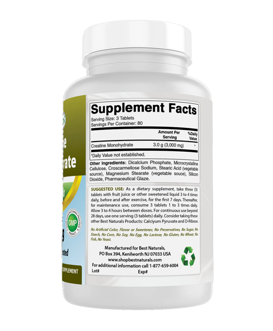 Best Naturals | Creatine Monohydrate 1000 mg (Strength &amp; Recovery Support) – 240 Tablets