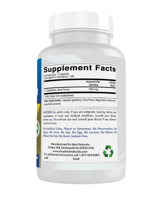 Best Naturals | L-Tryptophan 500 mg (Sleep & Mood Support) – 120 ct - Rethink Nutrition