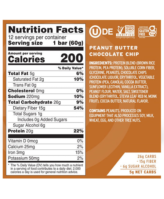 No Cow Bar | Peanut Butter Chocolate Chip Protein Bars – 12 Count